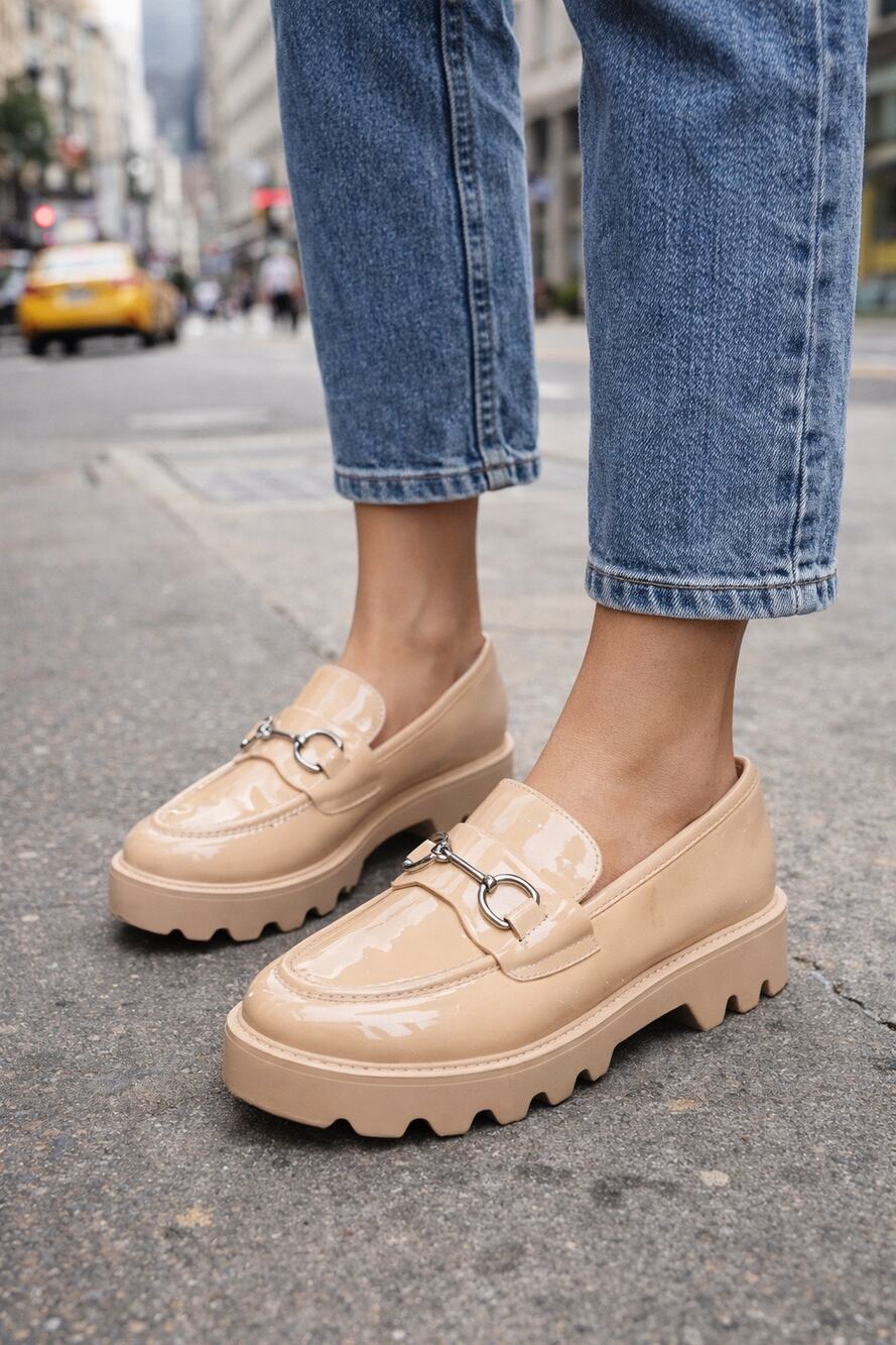 Chelsea & Violet 8M Tan Patent PU Horsebit Link Chunky Sole Platform Loafers